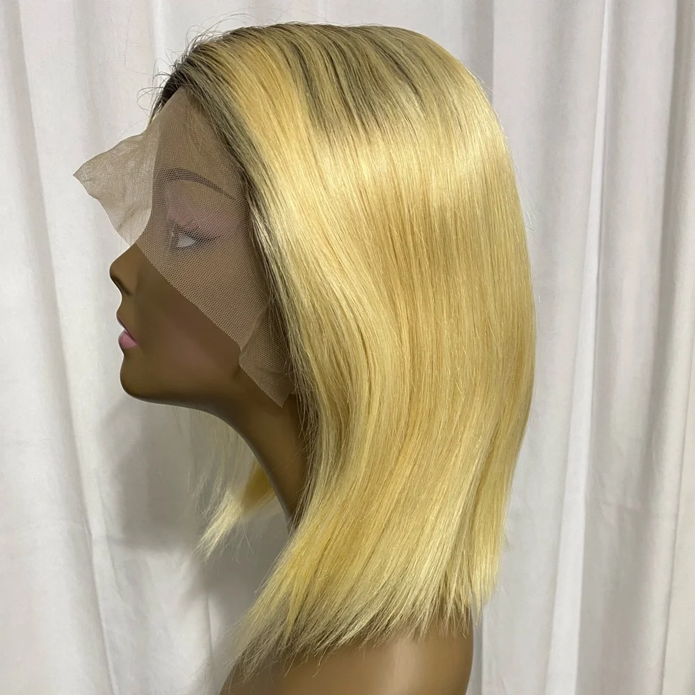 Short Ombré Blonde Bob Wig 100% Human Hair Lace Front T Part Wig 12” Blunt Cut